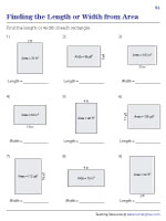 Find the Length and Width of the Rectangle from Area Worksheets