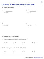 Dividing Decimals and Whole Numbers Worksheets