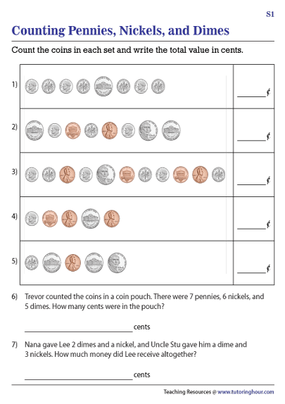 Counting Pennies, Nickels, and Dimes up to 1 Dollar