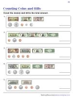 Counting Coins and Bills Worksheets