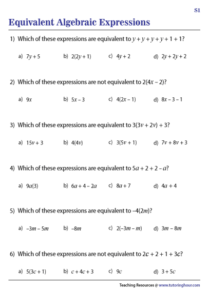 Equivalent Algebraic Expressions Worksheets