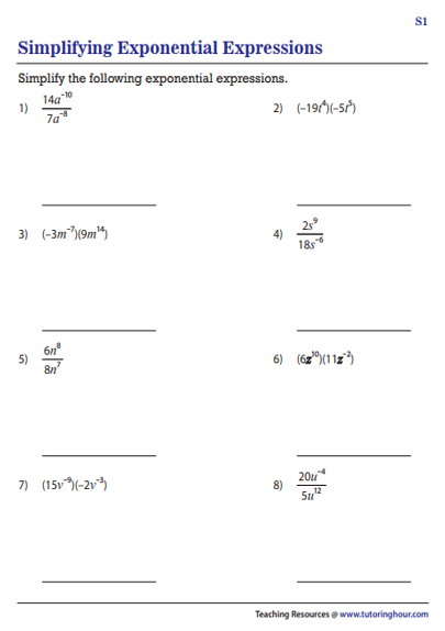 Simplifying Expressions with Exponents Worksheet