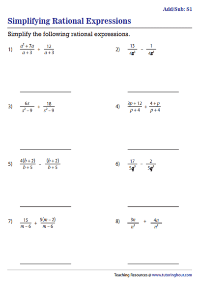 Simplifying Rational Expressions Worksheets