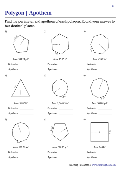 Apothem of Polygons Using Area Worksheets