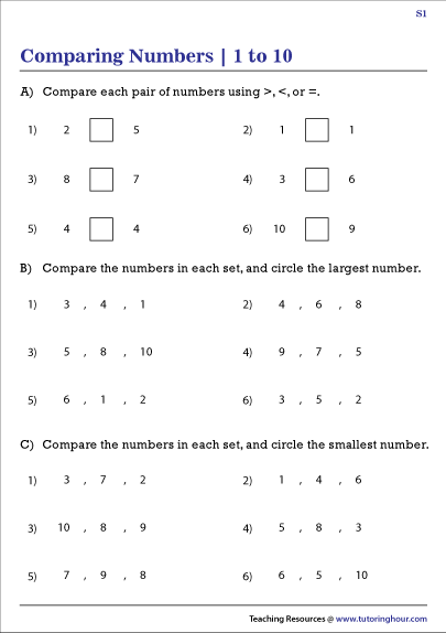 Comparing Numbers Up To 10 Worksheets