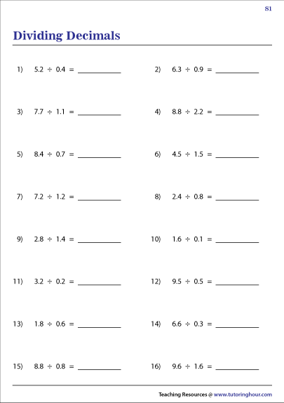 Divide By Decimals Worksheet