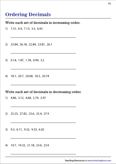 Ordering Decimals Worksheets