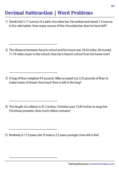 Adding And Subtracting Decimals Worksheet Word Problems