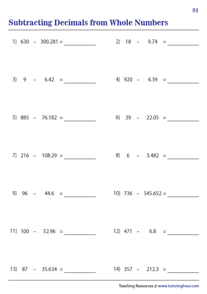 subtracting-decimals-from-whole-numbers-worksheets