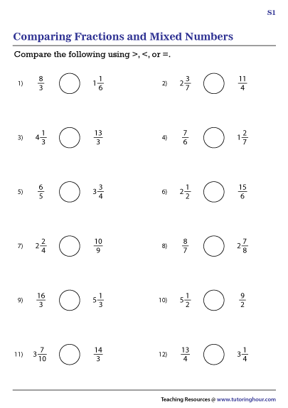 Comparing Fractions Mixed Numbers Worksheets