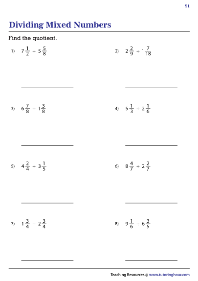 Dividing Mixed Numbers Worksheets 