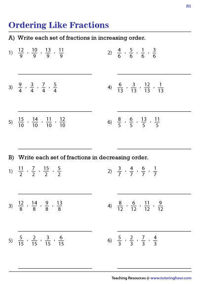 Ordering Fractions with Like Denominators Worksheets