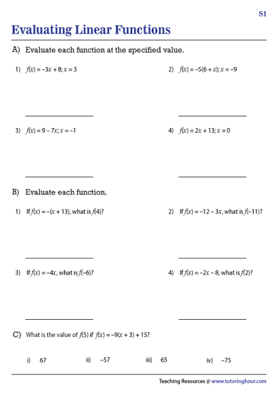 Evaluating Linear Functions Worksheets