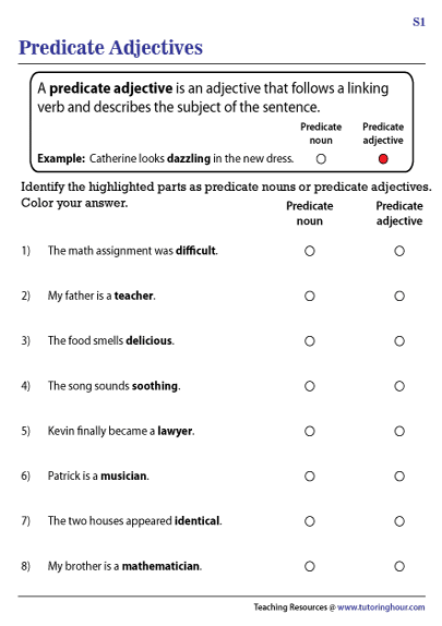 Predicate Adjective Worksheet 5th Grade