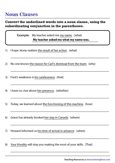 Noun Clause Worksheet