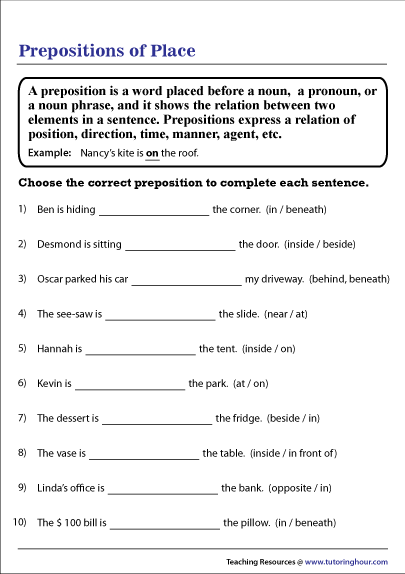 Prepositions Of Place Esl Worksheet