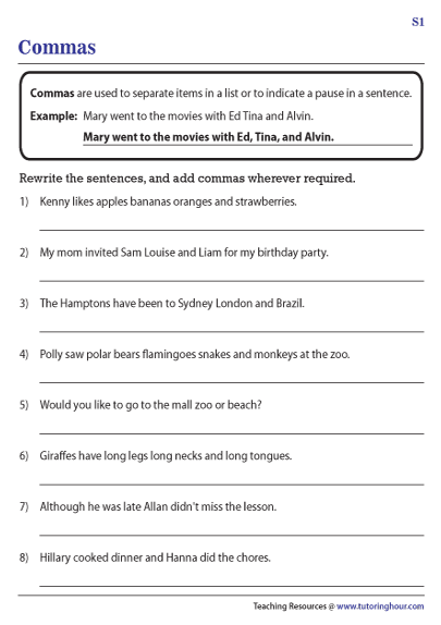 Commas In A Series Worksheets