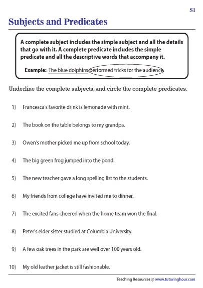 Complete Subjects And Complete Predicates Worksheet