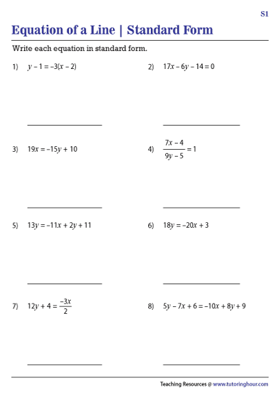 Standard Form of a Linear Equation Worksheets