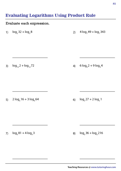 Evaluating Logarithms Using Product Rule Worksheets