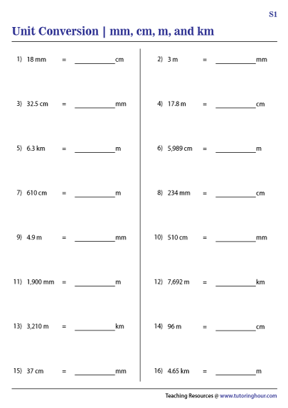 Conversion between mm, cm, m, and km Worksheets
