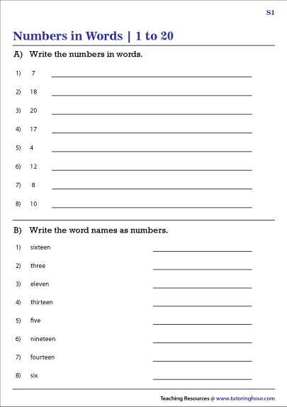Writing Numbers 1 20 In Words Worksheets