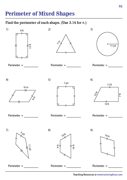 perimeter of 2d shapes worksheets mixed shapes