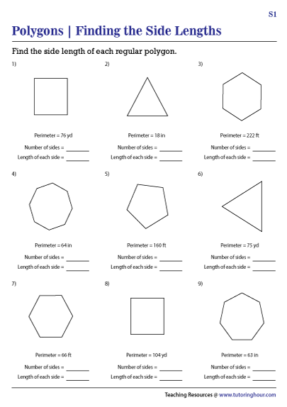 Side Length of a Regular Polygon from Perimeter Worksheets