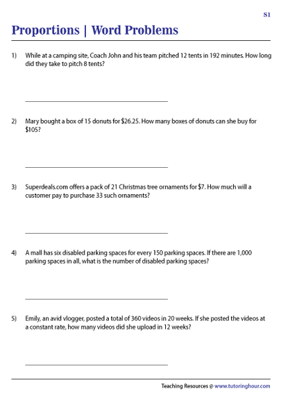 Proportions Word Problems Worksheets
