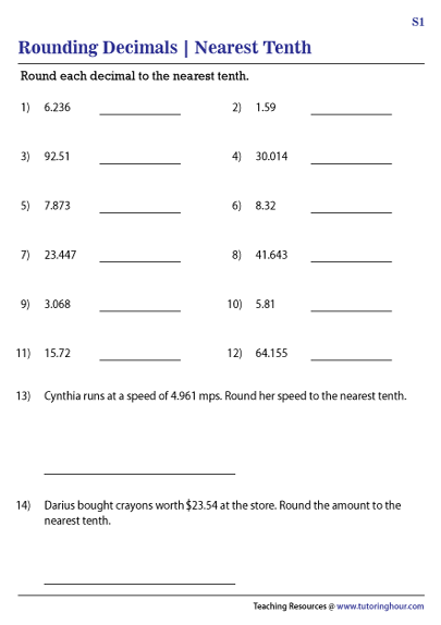 Rounding Decimals to the Nearest Tenth Worksheets