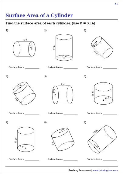 Surface Area of Cylinders Worksheets
