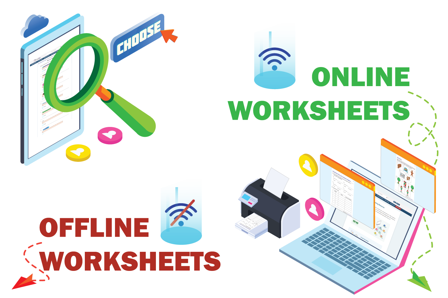 Online worksheets, Offline worksheets banner