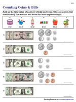 Counting U.S. Bills and Coins - Level 1